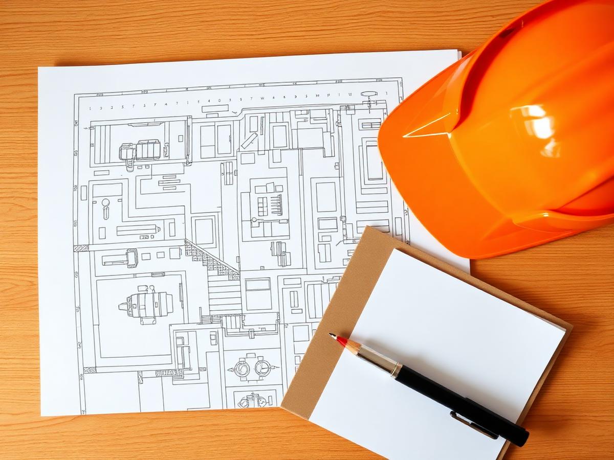 Plans de construction, casque de chantier orange et dossier de pièces posés sur un bureau